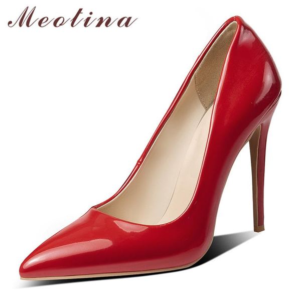 

dress shoes meotina high heels women pumps patent leather thin wedding buckle pointed toe party lady red big size 46, Black