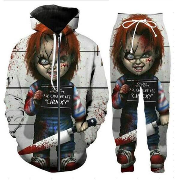 New Men / Womens Horror Movie Chucky Stampa 3D Casual Fashion Zipper Felpe con cappuccio / Sweatpants Hip Hop Tracksuits Hoelie + Pants ET09