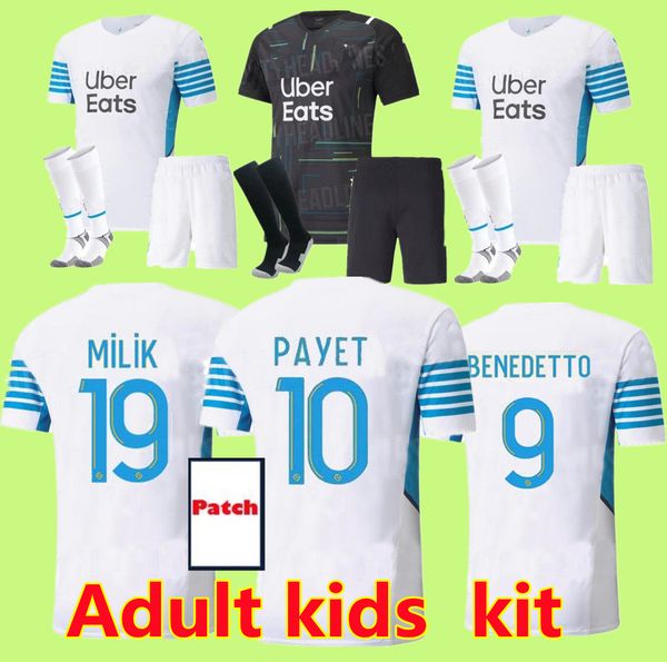 

men kids soccer jersey olympique de 21 om 2021 marseille foot cuisance thauvin benedetto kamara payet football shirts, Black;yellow