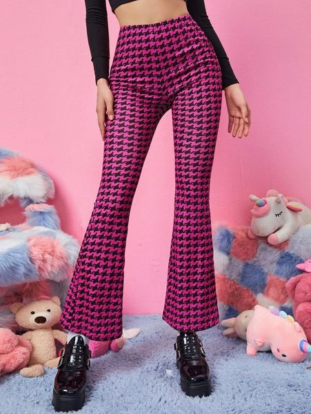 

houndstooth pattern flare leg pants m87s#, Black;white