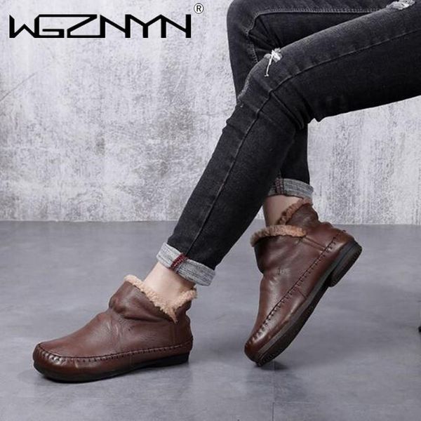 

boots 2021 retro shoes women genuine pu leather winter plush flat with round toe sewing handmade leisure platform, Black