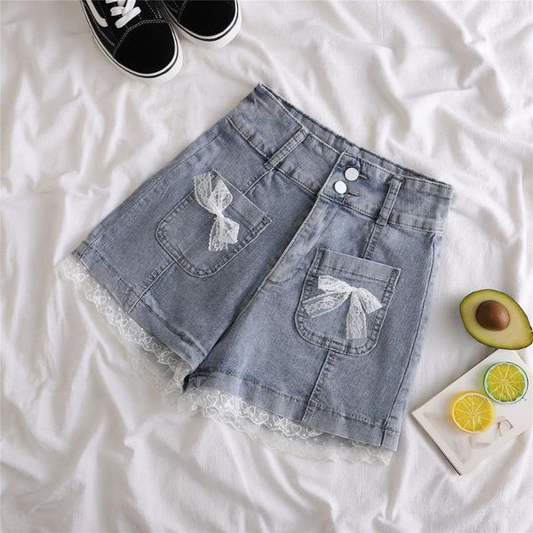 

women's jeans kawaii 2021 summer women lace bow denim shorts sweet high waist, Blue