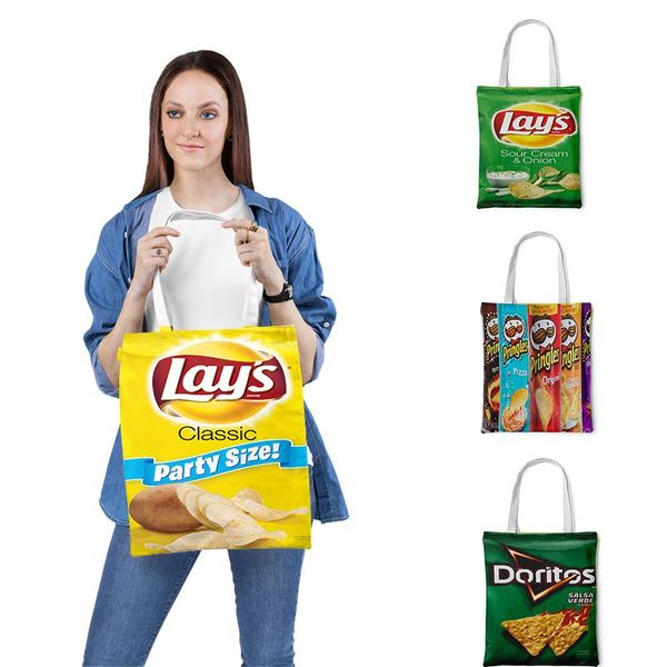 

storage bags potato chips printed shopping bag tote canvas cartoon shoulder folding pouch handbag portable