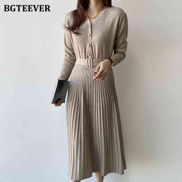 

dresses casual v-neck women single-breasted knitted a-line dress winter elegant long sleeve belted slim sweater vestidos cizz, Black;gray