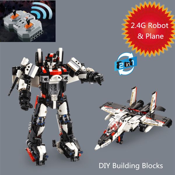 

intelligent smart robot with deformation plane 2.4g rc stunt battle robot fighter with fire bullet diy building blocks toy gifts