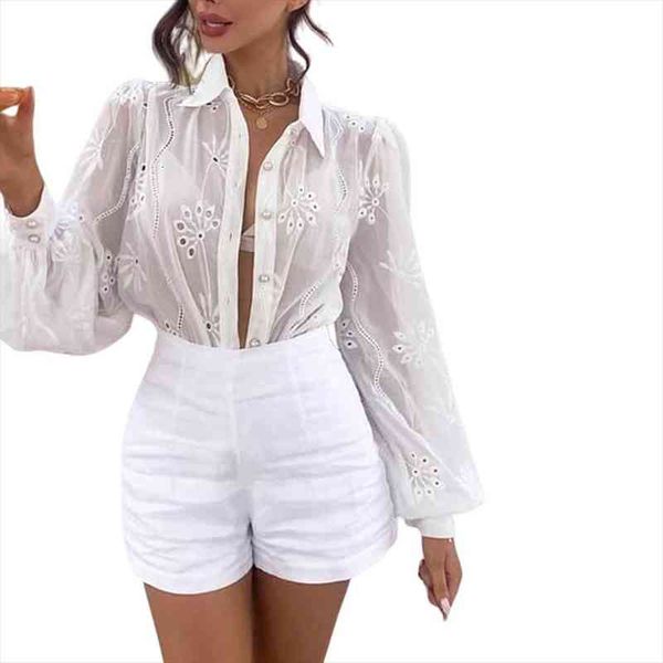 

womens fashion blouses spring autumn tunic crochet shirt long puff sleeve casual flower embroidery button down stylish blouses, White