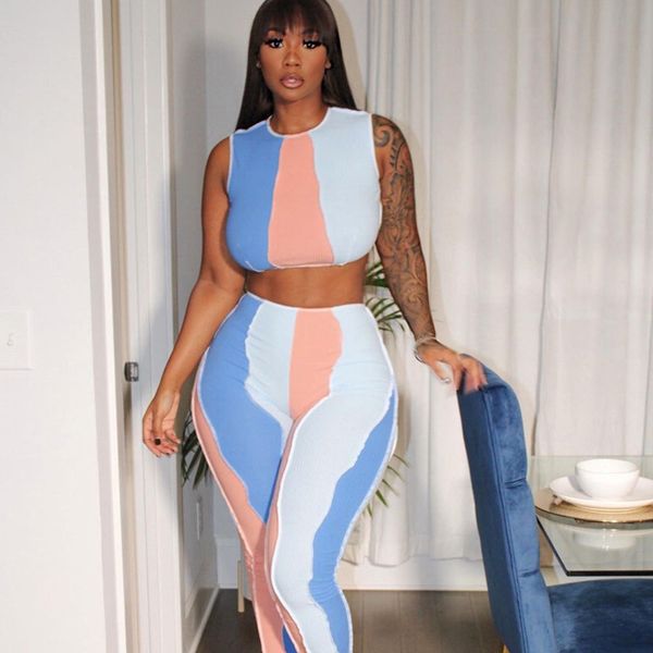 

dulzura patchwork stripe women gym 2 piece set crop tanks pants bodycon streetwear sporty outfit 2021 summer tracksuit, Black;white