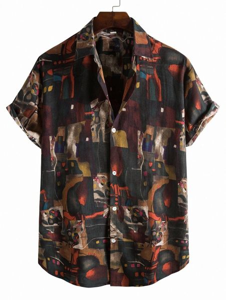 

men all over print button front shirt d8nh#, White;black