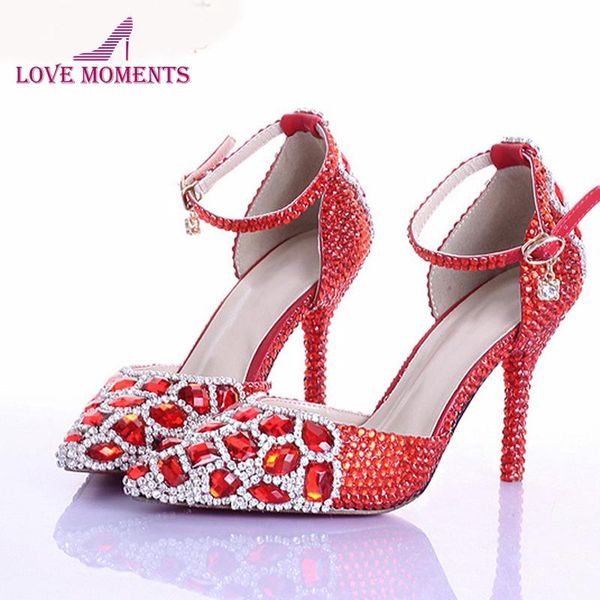 

red rhinestone crystal wedding shoes pointed toe bridal high heel with ankle strap women pumps party prom dress, Black