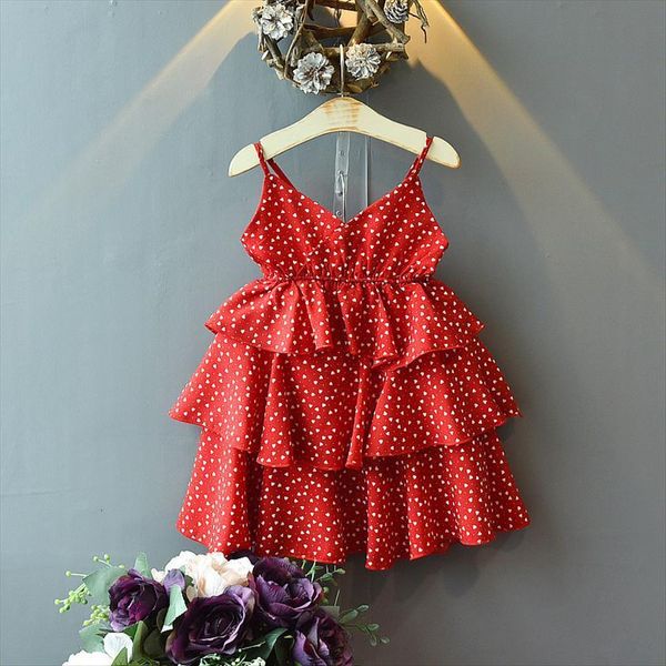 

kids for girls chiffon three girl dress tier cake little love suspender princess clothes, Red;yellow