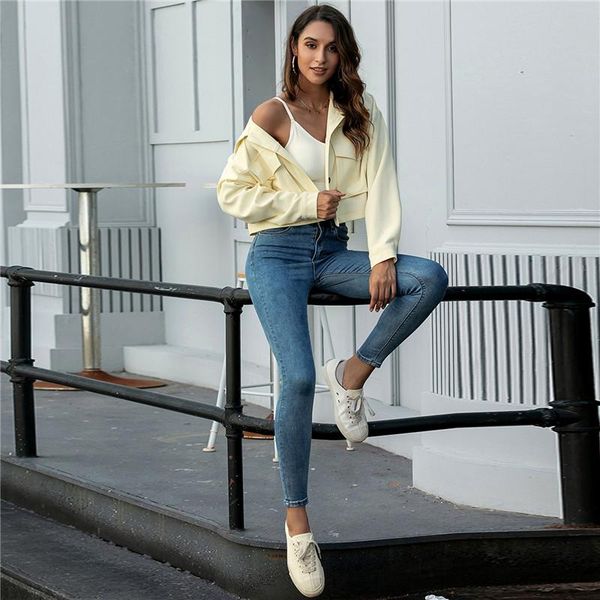 

women ol solid color lapel button cardigan casual jacket high waist crop street ladies autumn coat streetwear women's blouses & shirts, White