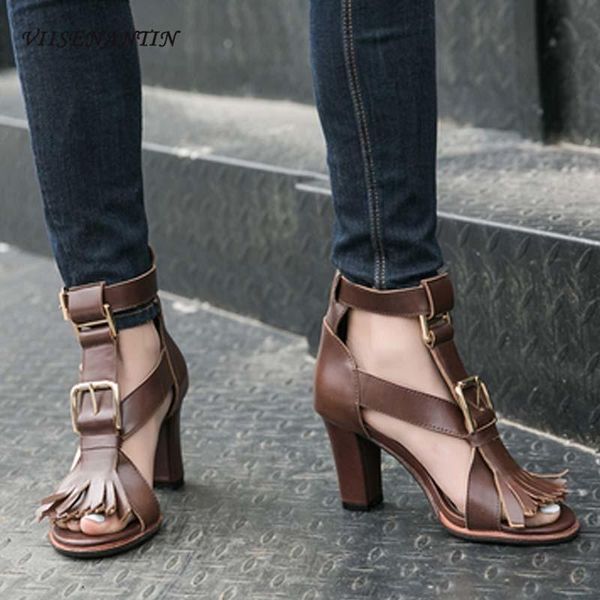 

dress shoes pure color shallow mouth cross strap mid-high sandals open toe straight belt buckle retro tassel short tube casual, Black
