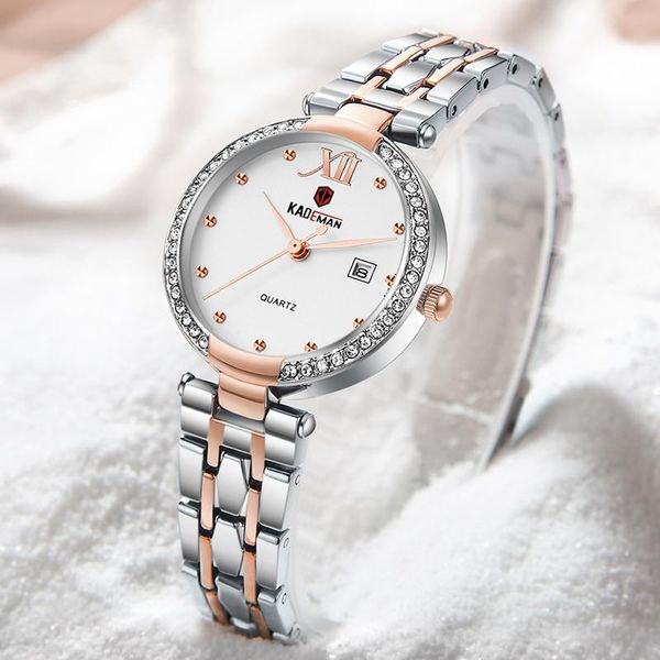 

wristwatches kademan luxury ladies womens waterproof fashion steel strap date watches wrist brand bracelet clock relogio feminino, Slivery;brown