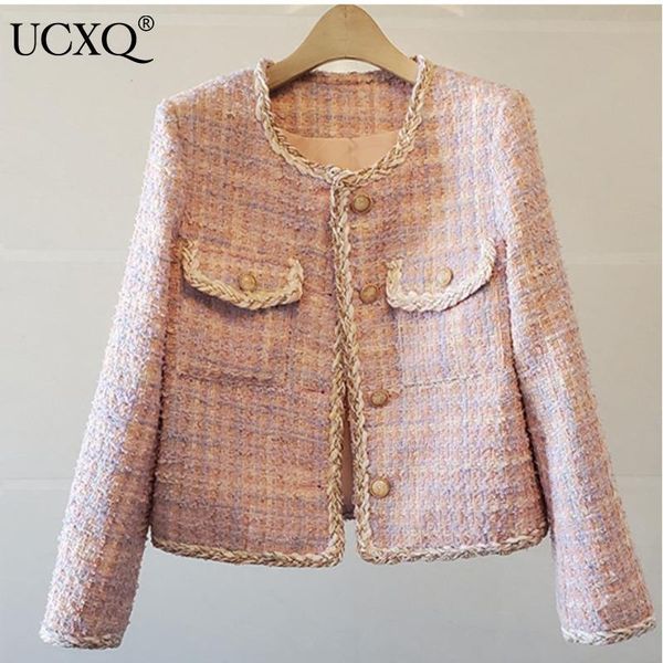 

women's jackets ucxq woman short tweed jacket woven binding pink plaid french temperament ladies vintage style 2021 autumn winter 23xm8, Black;brown