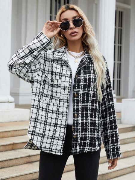 

colorblock plaid curved hem tweed coat v4g6#, Black