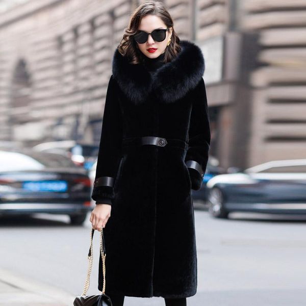 

women's fur & faux women winter coat wool 2021 collar hooded sheep all in one fs21103, Black