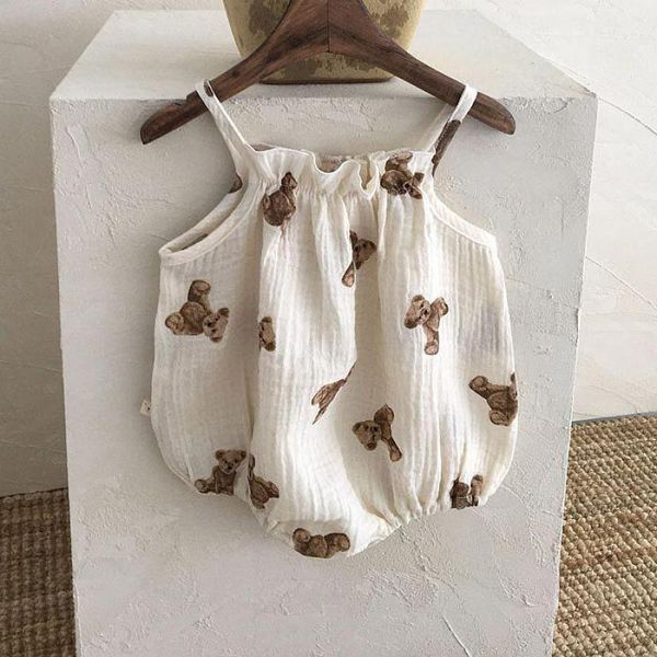 

rompers 2021 baby girl sleeveless sling bodysuit bear pattern overalls for boys kids jumpsuit cute print onesie 0-24m, Blue