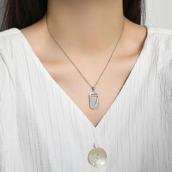 

pendant necklaces lucky number 7 charm square hollow digital medallion hip-hop simple couple environmental copper jewelry, Silver