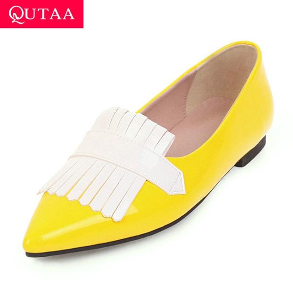 

dress shoes qutaa 2021 square low heel women tassel pointed toe ladies pumps mixed color pu leather slip on single size 34-43, Black