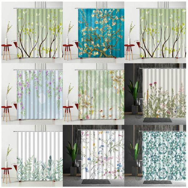 

shower curtains green leaf spring flower plant vine scenery bathroom decor home bath polyester cloth hanging curtain set