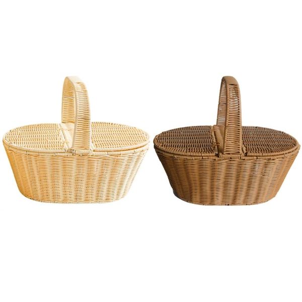 

storage baskets picnic basket woven rattan with lid camping bread fruit food box