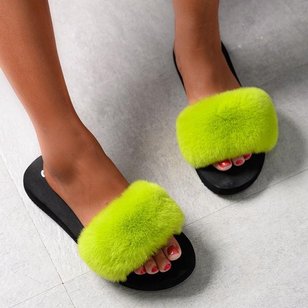 

slippers real fur plush thick bottom one-child home sandals, Black