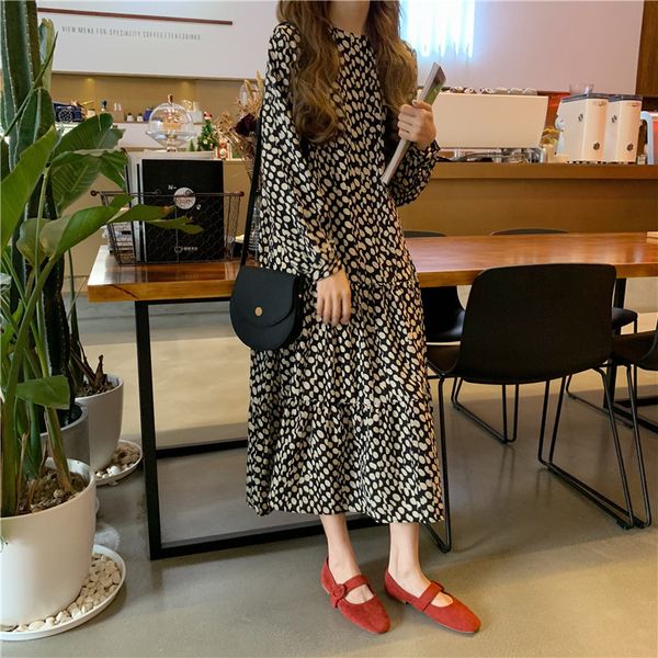 

dresses women spring summer korean fashion vintage print chiffon midi ladies elegant loose clothes 6pt4 i3jh, Black;gray