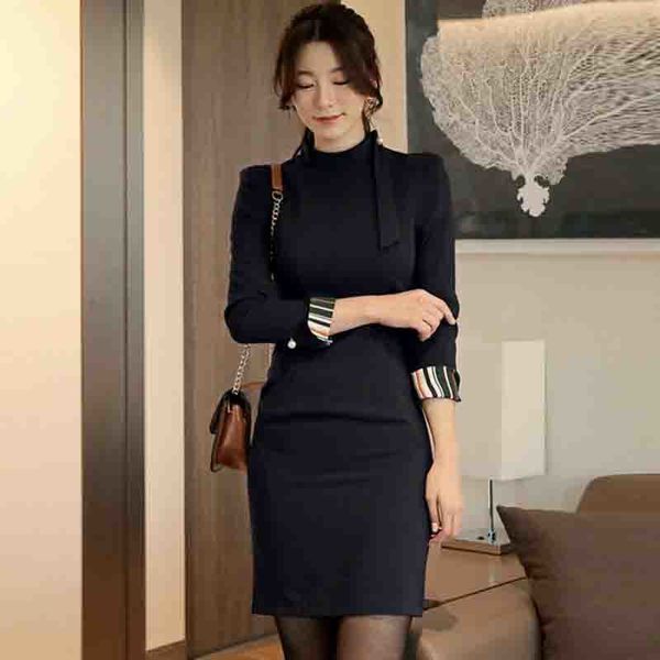 

fashion long sleeve bodycon slim office dress autumn women black patchwork sheath dress formal turtleneck pearl pencil dress 210514, Black;gray
