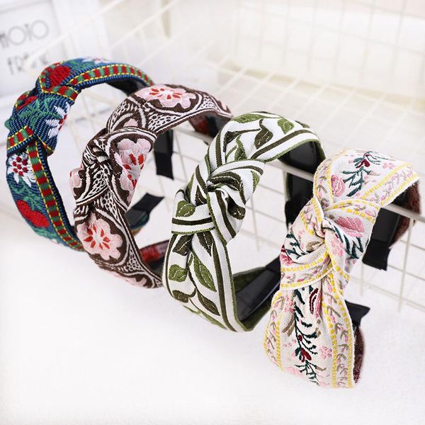 

hair accessories female ethnic hairband flower/leaf embroidery headband women fashion boho cross knotted wide hoop ladies elegant headwear
