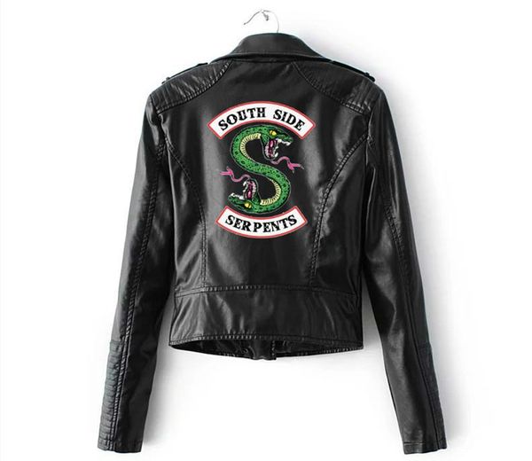 

women's leather & faux riverdale soft crop jackets women motobiker serpents southside snake print pu streetwear black