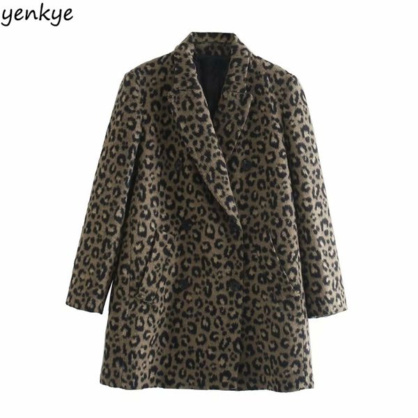 

fashion women vintage animal print coat long sleeve double breasted casual autumn winter woolen plus size outerwear 210514, Black