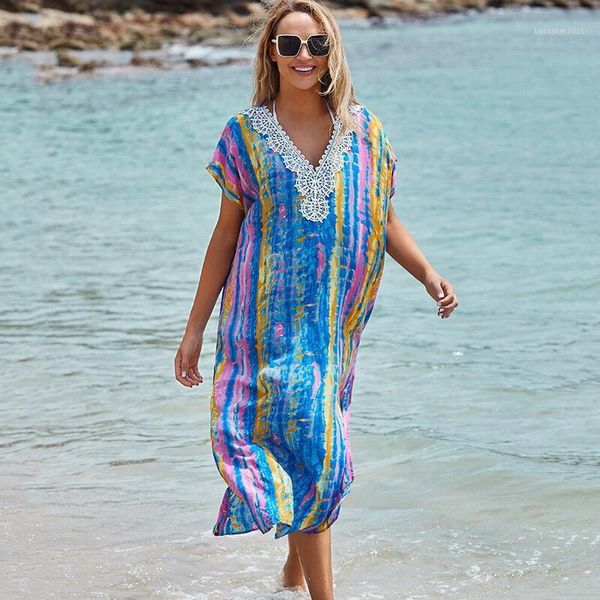 Damen-Bademode, Baumwolle, Bohemian-Stil, bedruckt, sexy Sommer, Strand, langes Kleid, Tunika, Damen-Strandbekleidung, Badeanzug, Cover-Up, Bikini, Wickel-Sarong