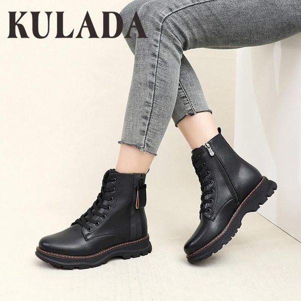 

boots kulada ankle for women low heel style autumn fashion pu leather short plush motorcycle, Black