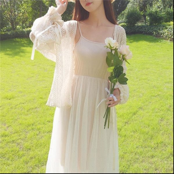 

lace hollow out autumn transaperent women blouses cardigan long sleeve sunscreen, White