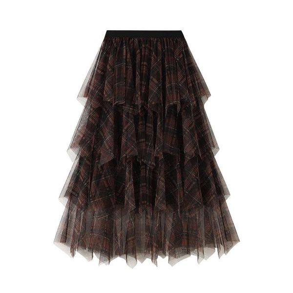 

skirts spring plaid printed cakee layered tulle irregular long skirt summer a-line tiered mesh maxi, Black