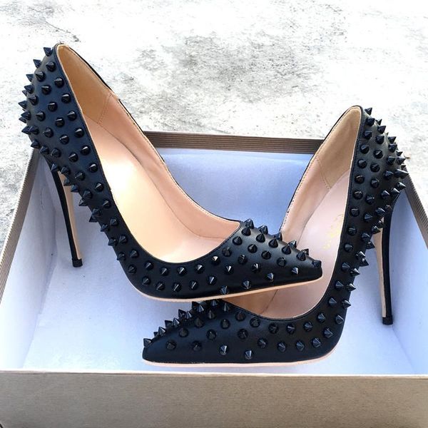 

dress shoes black matte sheepskin full rivet high heels stiletto pointed toe shallow women shoe zapatos de mujer moda 2021 vestir