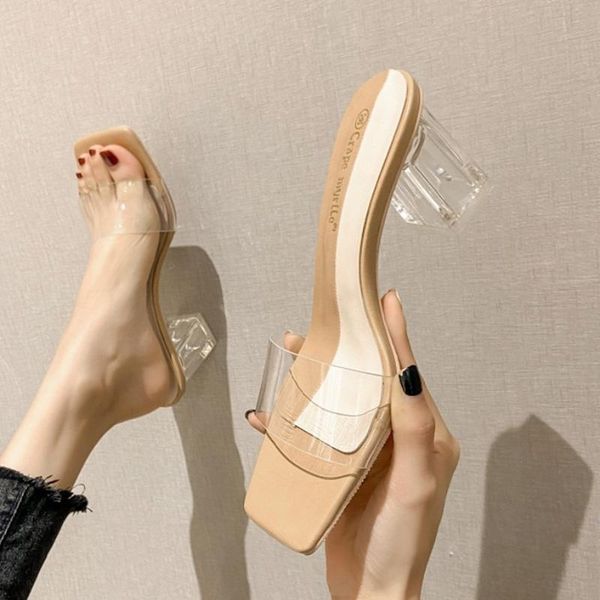 Açık açık ayak parmağı karışık renkler kadın sandaletler tıknaz şeffaf yüksek topuklu terlikler kayısı özü kare kristal ayakkabılar kadın