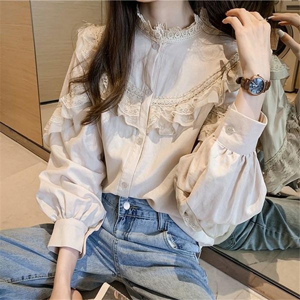 

sweet women lantern sleeve blouse lace stitching autumn shirt loose casual long cardigan women's blouses & shirts, White