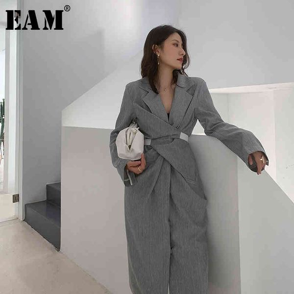 

[eam] women gray pleated knot long elegant dress new v-collar long sleeve loose fit fashion tide spring summer 210325, Black;gray