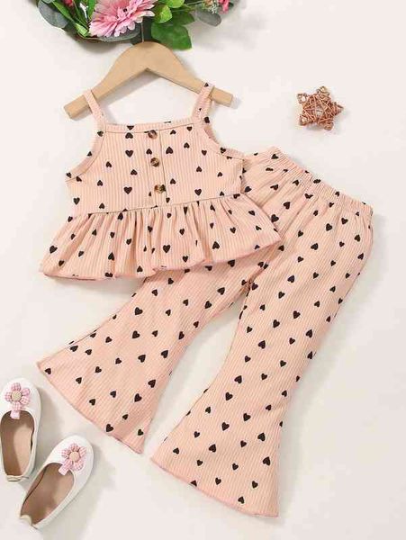 

baby heart print ruffle hem cami & flare leg pants she, White