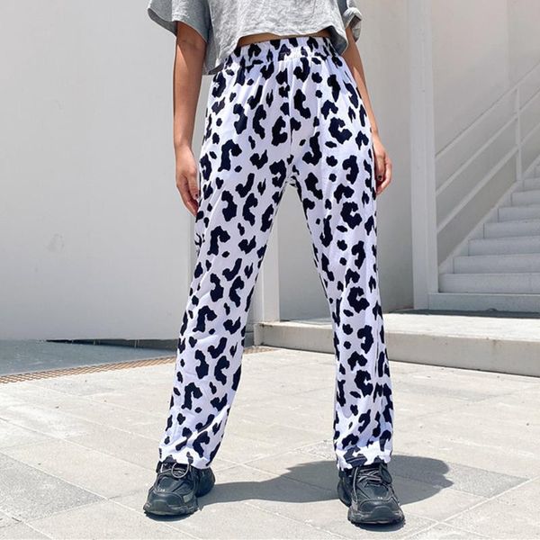 

women's pants & capris streetwear elastic high waist milk cow print women 2021 casual straight loose long trousers harajuku pantalon fe, Black;white