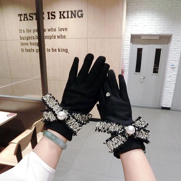 

five fingers gloves fashion women big bow knot touch screen winter female thickening warm finger girls cute wrist agl100, Blue;gray