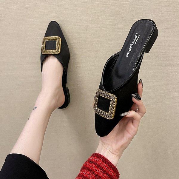

shoes low slippers casual square heel slipers women slides luxury block 2021 pu fabric rome fashion hoof heels cotton woma, Black