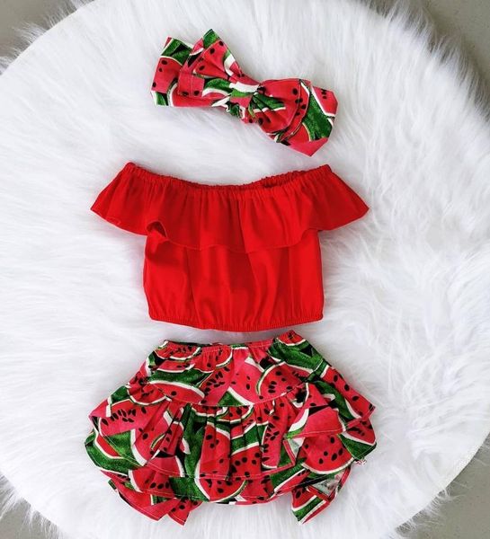 

clothing sets 1-6y fashion girls clothes kids ruffle red watermelon shorts bandana 3pcs outfits summer children, White