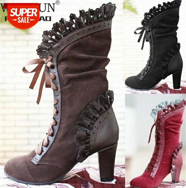 

high heel boots women steampunk women leather suede boots autumn vintage winter shoes lace up cosplay hvt373 #hr7p