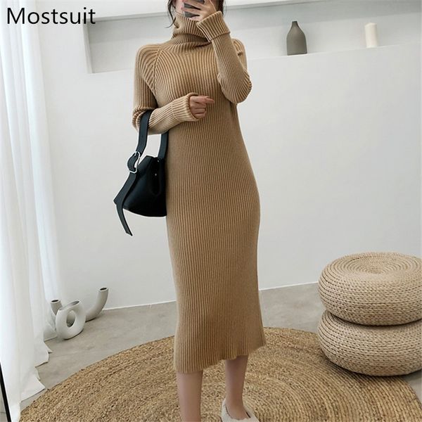 

turtleneck warm knitted sweater dress women 1 spring long sleeve slim waist high stretched fashion casual vestidos 210518, Black;gray