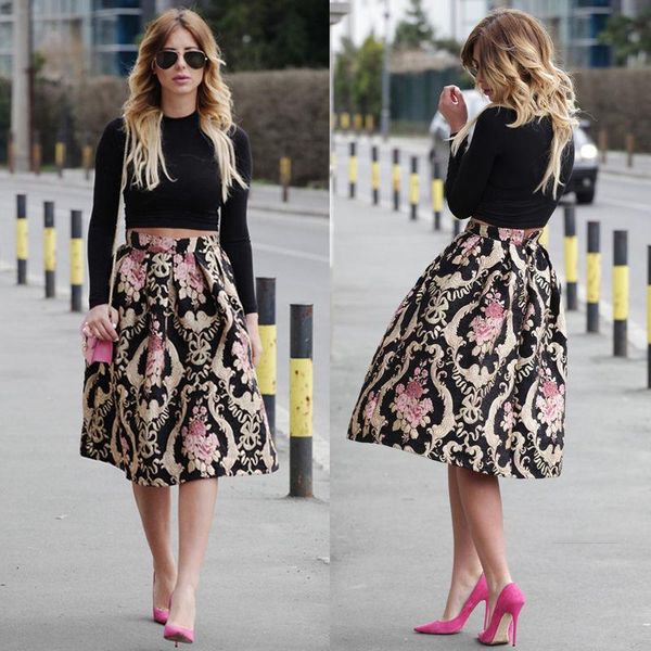 

skirts vintage womens elegant floral stretch high waist skater flared pleated casual midi skirt 2021 selling, Black
