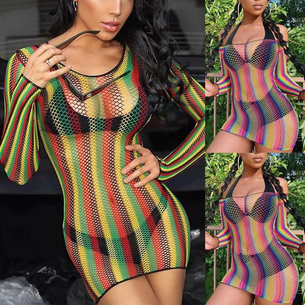 

summer women ladies bikini cover-ups fishnet mesh cover up swimwear beach bathing suit striped hollow out dresses women's, White;black