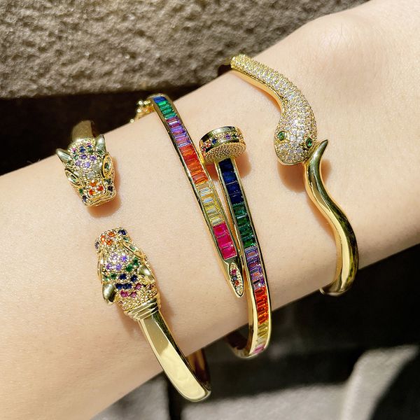 

personality inlaid colorful zircon nail bangle bracelet female european and american exaggerated animal snake and leopard head open stainles, Black