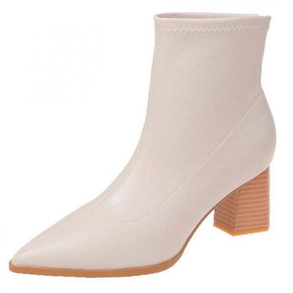 

boots 2021 autumn and winter thick heel short women's single pointed high mid-tube elastic thin, Black